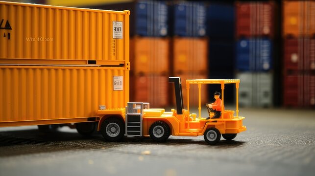 plastic toy forklift and cranes being used to unload shipping containers. generative AI