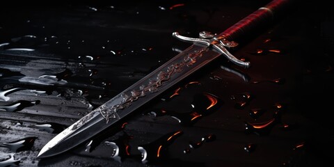 a fantasy medieval sword laying on a puddle of blood. dark stone castle dungeon floor. depth of field.  - obrazy, fototapety, plakaty