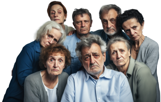 group of sad upset strict disappointed old people pensioners, png file of isolated cutout object on transparent background.