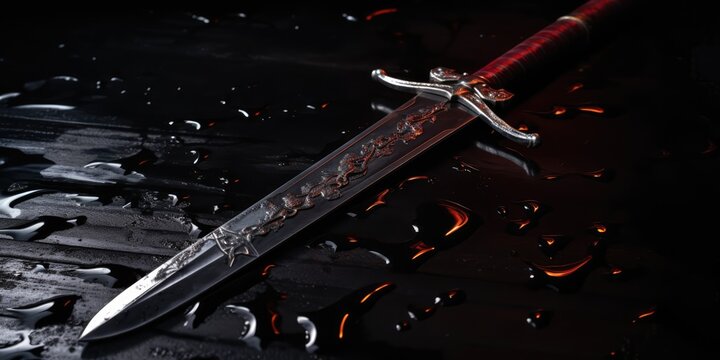 a fantasy medieval sword laying on a puddle of blood. dark stone castle dungeon floor. depth of field. 