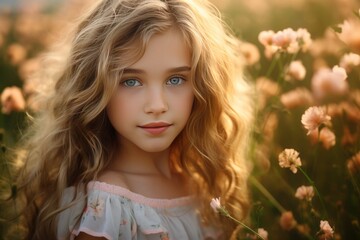 Fototapeta premium Close-up of a young girl in a pink princess dress on a flower meadow Generative Ai
