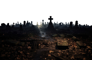 a vast haunting ghost cemetery graveyard in the mist and fog. fantasy cemetery. transparent background.  