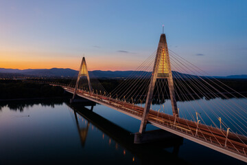 Budapest, Hungary - Aerial view about the famous Megyeri bridge over Danube river at sunset