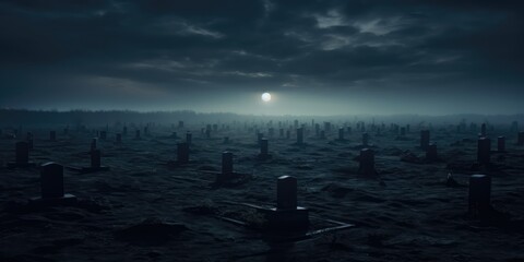 Fototapeta premium a vast cemetery at night with a full moon lighting the plain landscape. Spooky misty and foggy night scene.