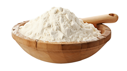 Flour in a wooden bowl isolated on a white background