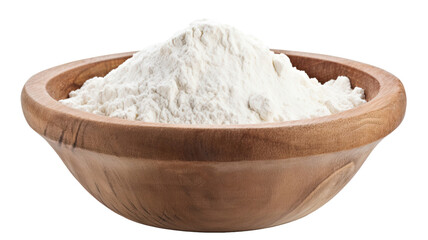 Flour in a wooden bowl isolated on a white background