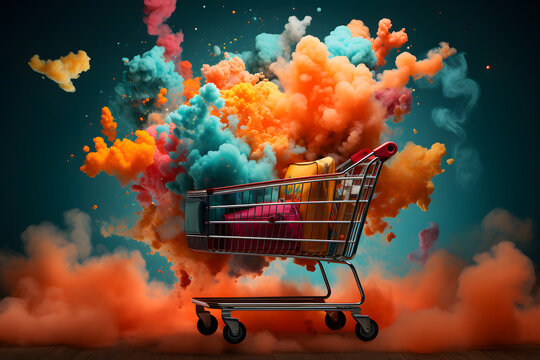 Vibrant shopping background with cart, bag, and creative symbols.