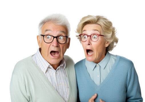 couple of scared surprised old people, png file of isolated cutout object on transparent background.