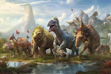 Prehistoric Dinosaur Gathering: Lively Depiction of Coexisting Dinosaurs in a Diverse Landscape, generative AI - obrazy, fototapety, plakaty