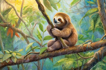 Obraz premium Relaxing Nature: A Calm and Soothing Sloth Drawing in a Lush Rainforest Setting, generative AI