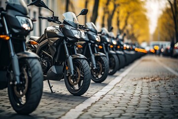 Motorcycle Lineup Close-Up View on the Asphalt.