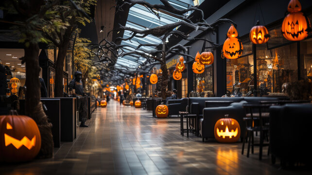 Halloween Themed Mall Decorations - Vibrant Jack-o'-Lantern Displays, AI-Generated
