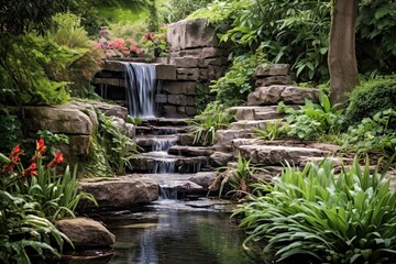 Fototapeta na wymiar Tranquil Meditation Garden: A Serene Space with Meticulously Arranged Rocks, Flowing Waterfall, and Lush Greenery for Inner Peace and Reflection, generative AI