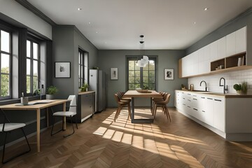 modern living room with kitchen