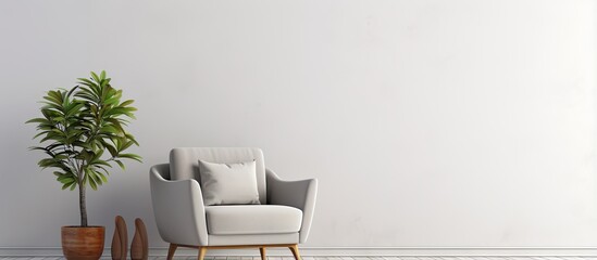 Modern interior design featuring a grey armchair against a white wall background