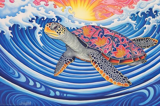 Colorful Patterns and Graceful Gliding: A Whimsical Sea Turtle Drawing, generative AI