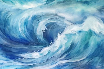 Fotobehang Turbulent Yet Beautiful: Watercolor Style Abstract Background Images Depicting a Swirling Storm at Sea in Shades of Blue and Gray, generative AI © Michael