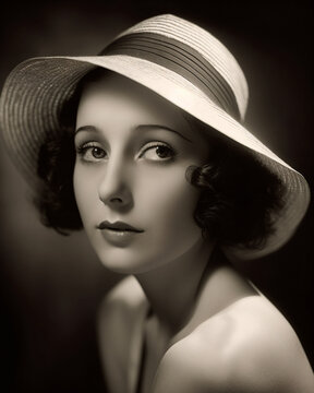 A vintage woman wearing a hat and posing for an oldschool picture