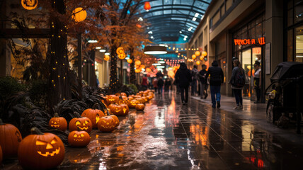 Halloween-Themed Mall Bustling with Shoppers - Vibrant Atmosphere with Jack-o'-Lantern Decorations, AI-Generated