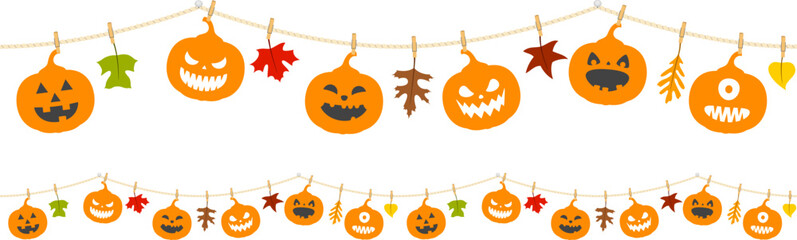Vector Illustration of a Halloween-themed seamless border featuring jack-o'-lanterns and autumn leaves. Strings can be joined end to end to make longer strings.