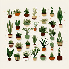 various types of house plants in a flat style.