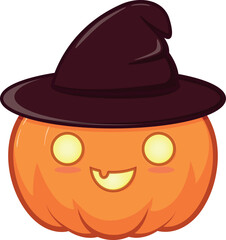 Cute pumpkin with witch hat and burning eyes