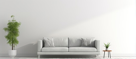 White room with a gray sofa and space for a mockup rendered in 3D