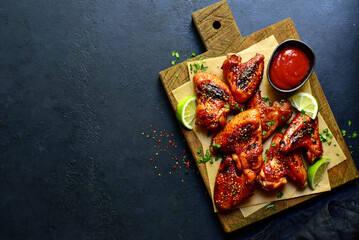 Grilled spicy chicken wings in mexican or chinese stile with ketchup . Top view with copy space.