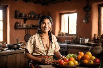 indigenous woman smiling and cooking in her kitchen, adobe house, native people, Latin America,...