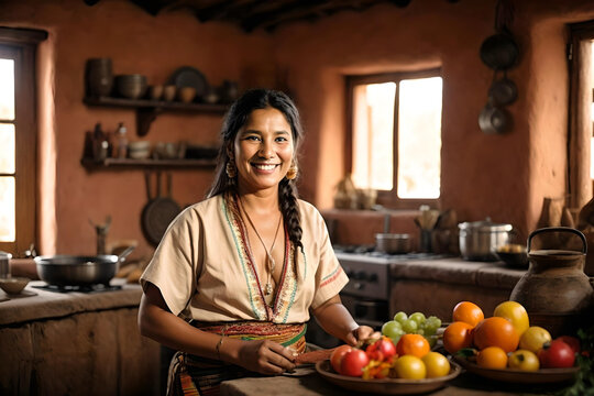 indigenous woman smiling and cooking in her kitchen, adobe house, native people, Latin America, lifestyle in nature