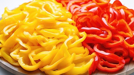 Slices of red and yellow bell pepper on a wooden plate. Closeup view. Sliced pepper background.