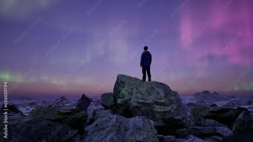 Wall mural man standing on peak with magical mountain scene in nature at night with aurora in the sky. 3d rende