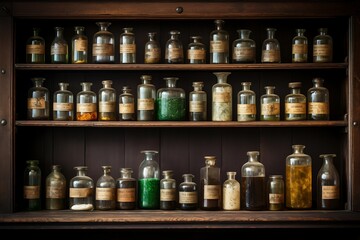 Vintage Apothecary Bottles on the Shelf in an Old Pharmacy. - obrazy, fototapety, plakaty