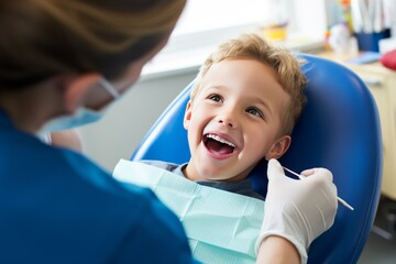 Pediatric dentist with happy child on the dental chair in a dental practice Generative Ai - obrazy, fototapety, plakaty