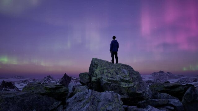 Man Standing on Peak with Magical Mountain Scene in Nature at night with Aurora in the sky. 3d Rendering landscape. Aerial