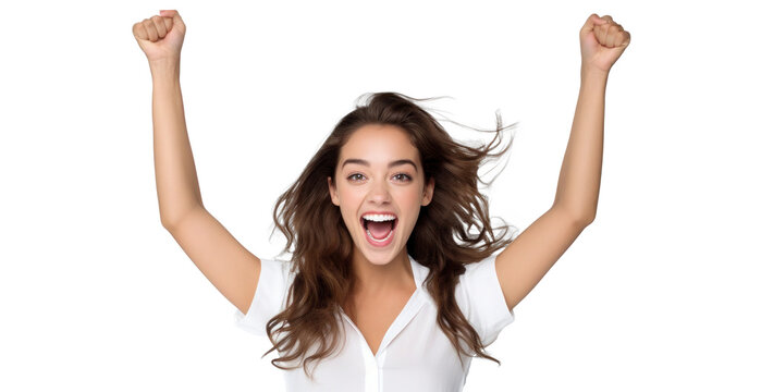 woman expressively screams joyfully celebrating victory and clenching her fists up , png file of isolated cutout object on transparent background.
