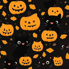 Cute Black Cat and Halloween Pumpkin seamless pattern