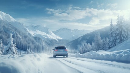 Winter trip of an SUV driving on a snowy road surrounded by a winter wonderland