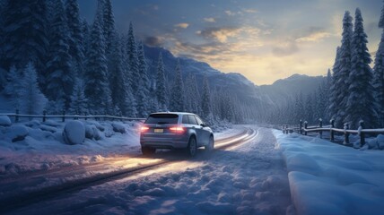 Winter trip of an SUV driving on a snowy road surrounded by a winter wonderland