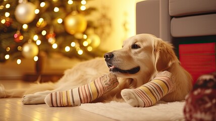 Festive socks on feet and a cute golden retriever dog on the carpet. Family vacation time.