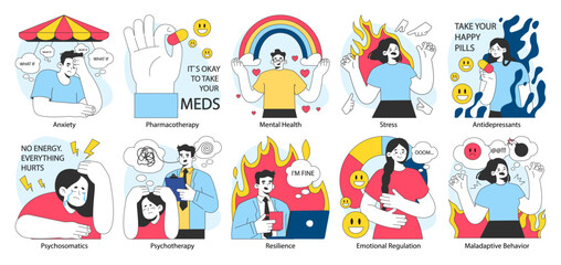 Fototapeta premium Neurosis set. Chronic stress and anxiety mental disorder. Character