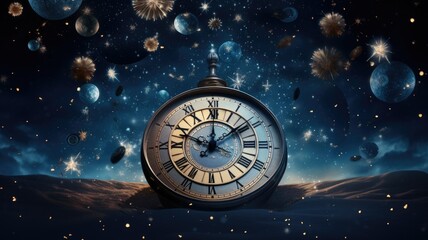 happy new year 2024 countdown clock on abstract glittering midnight sky with copy space - obrazy, fototapety, plakaty