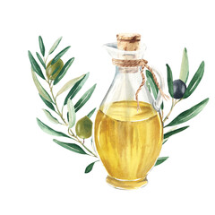 Composition of glass jug with oil and olive branch with green and black olives. Hand drawn watercolor illustration on a white background. For menu, product and italian, greek, spanish cuisine design