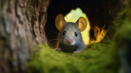 fairytale mouse in the forest among the leaves