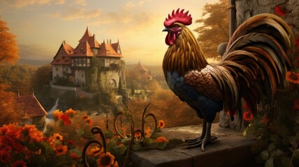 Autumn Rooster Majesty: capturing the regal beauty of roosters strutting amidst the vibrant autumn foliage of a castle garden - obrazy, fototapety, plakaty