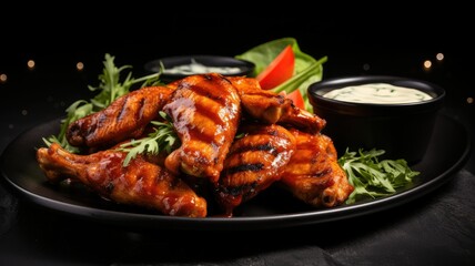 Spicy grilled chicken wings with ketchup on a black plate on a dark slate, stone or concrete background.