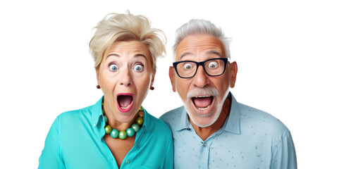 happy surprised old retired couple saw a discount or promotion, png file of isolated cutout object on transparent background.