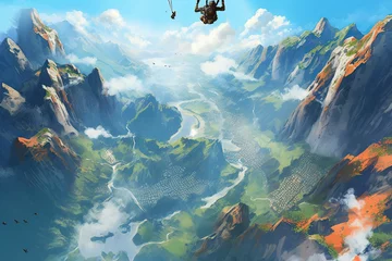 Foto op Plexiglas Soaring through the Sky: An Adrenaline-Fueled Parachute Adventure with Breathtaking Landscapes and an Exhilarating Rush of Freedom, generative AI © Michael