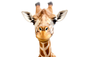 Close up of a giraffe head isolated on a white background.
