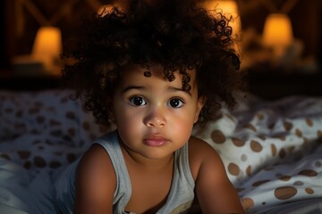 Cute little african american baby looking at camera while lying in bed at home